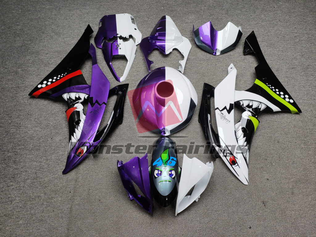 Yamaha R6 2008 - 2016 Gloss White & Purple Shark Split ABS fairings - custom motorcycle bodywork kit by Monster Fairings