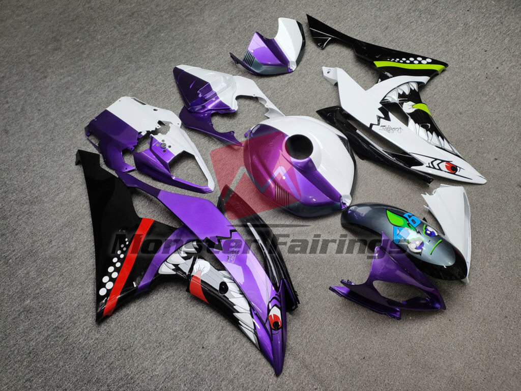 Yamaha R6 custom ABS fairings 2008 - 2016 in Gloss White & Purple Shark Split - durable replacement kit, Monster Fairings