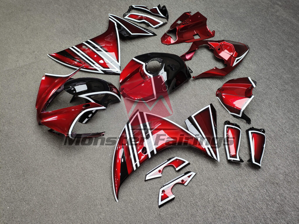 2012 - 2014 Yamaha R1 Gloss Candy Red White & Black fairing set - ABS injection, custom painted by Monster Fairings