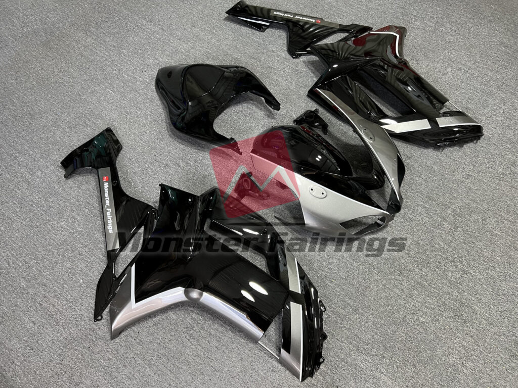 2007 - 2008 Kawasaki ZX6R Gloss Black Gray fairing set - ABS injection, custom painted by Monster Fairings