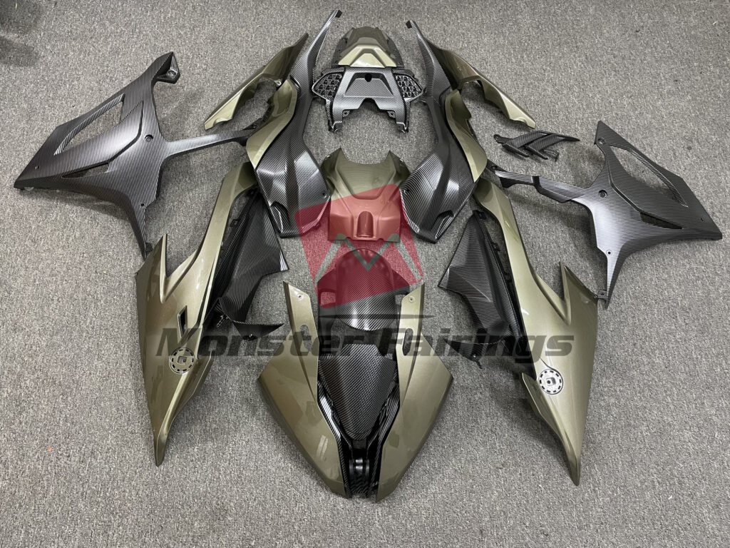 BMW S1000RR 2019 - 2022 Moss Green and Carbon Fiber Style ABS fairings - custom motorcycle bodywork kit by Monster Fairings