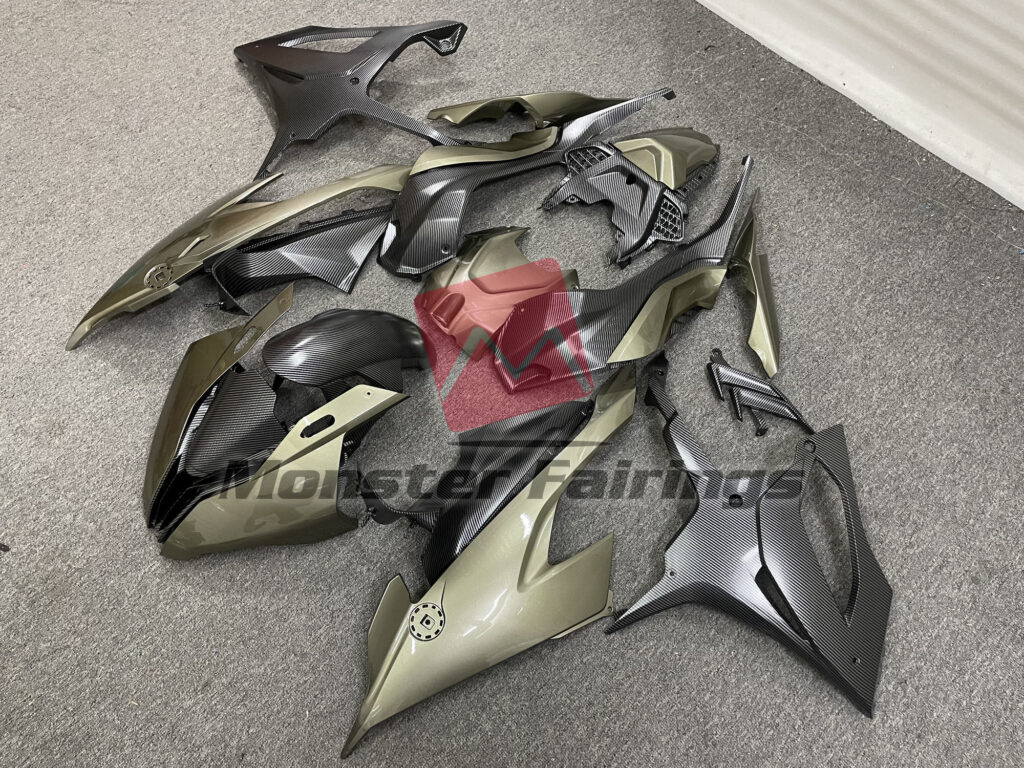 BMW S1000RR custom ABS fairings 2019 - 2022 in Moss Green and Carbon Fiber Style - durable replacement kit, Monster Fairings