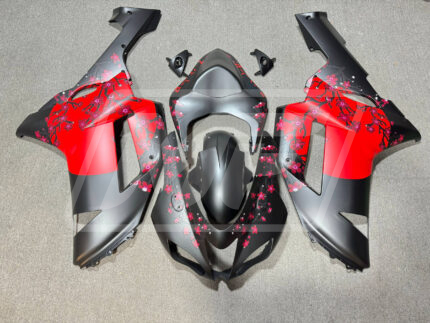 Kawasaki ZX6R 2007-2008 Matte Black & Red Cherry Blossom ABS Fairings | Monster Fairings