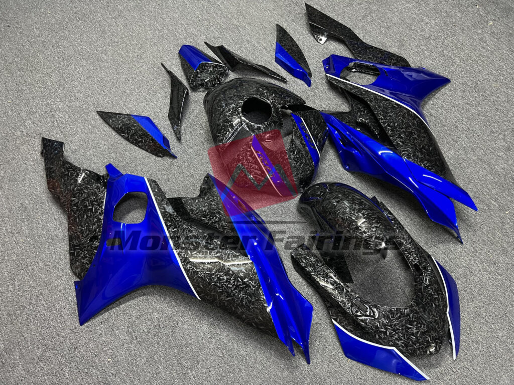 Yamaha R6 custom ABS fairings 2017 - 2022 in Gloss Forged Carbon Fiber Style with Blue - durable replacement kit, Monster Fairings