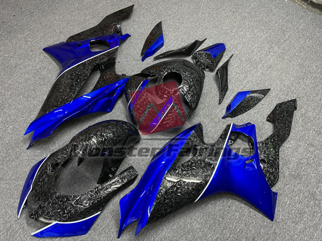 Gloss Forged Carbon Fiber Style with Blue ABS fairings for Yamaha R6 2017 - 2022 - premium OEM fit kit by Monster Fairings