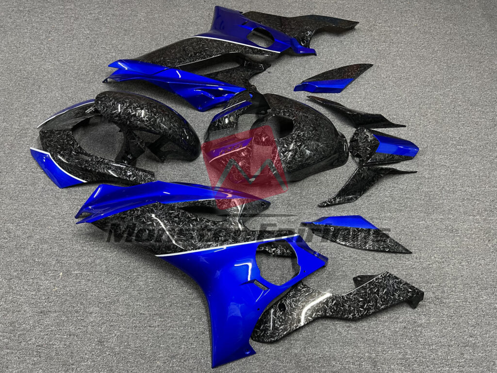 2017 - 2022 Yamaha R6 Gloss Forged Carbon Fiber Style with Blue fairing set - ABS injection, custom painted by Monster Fairings