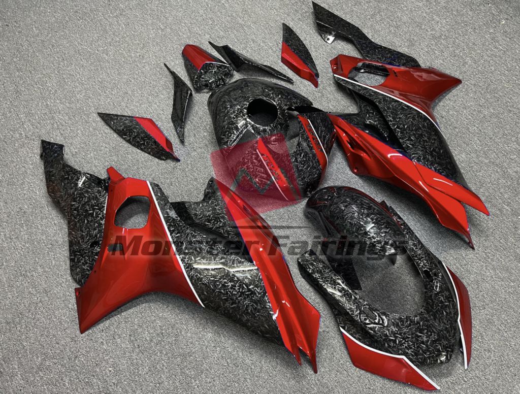 Forged Carbon Fiber Style with Red ABS fairings for Yamaha R6 2017 - 2022 - premium OEM fit kit by Monster Fairings