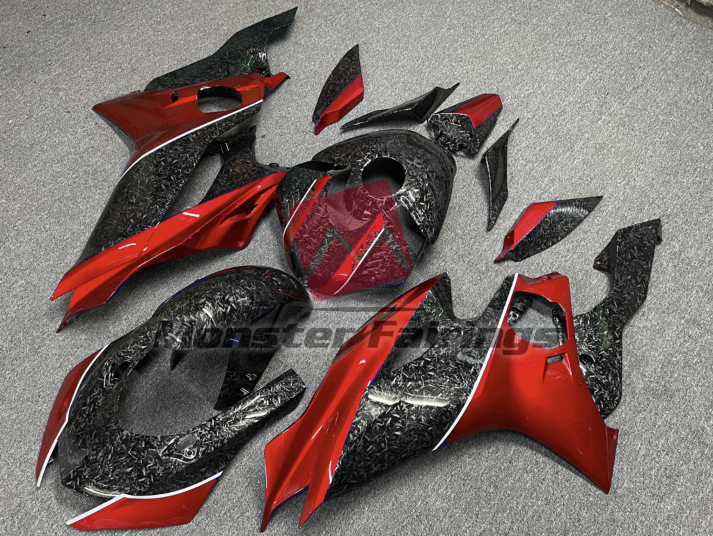 Yamaha R6 custom ABS fairings 2017 - 2022 in Forged Carbon Fiber Style with Red - durable replacement kit, Monster Fairings