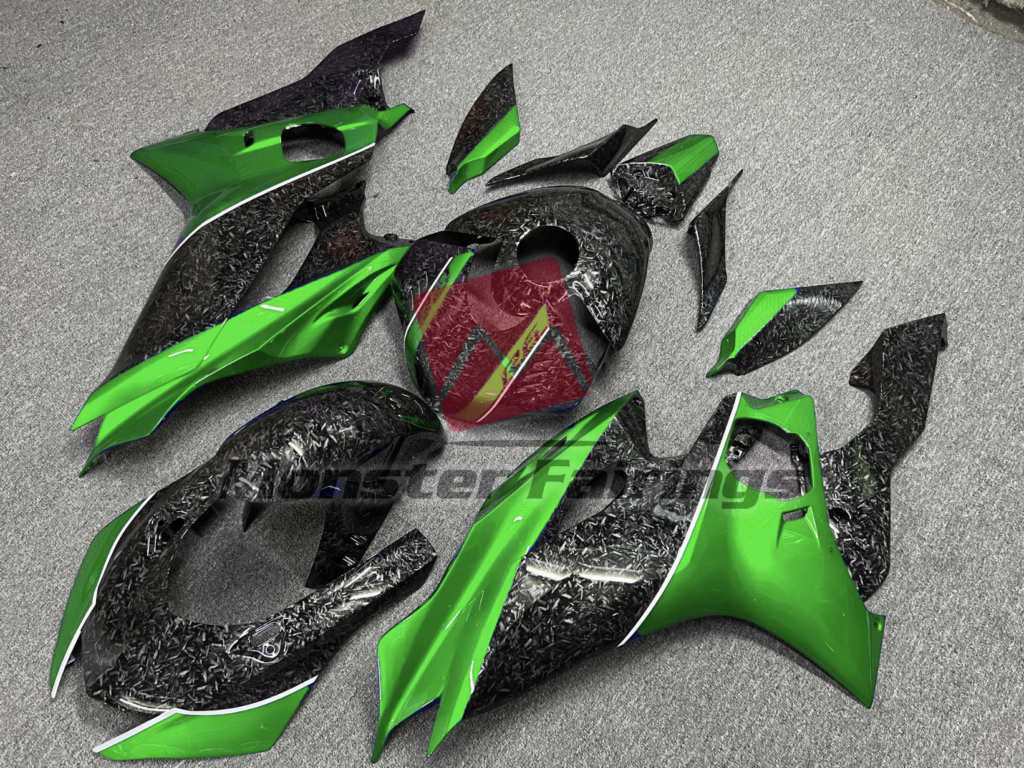 Yamaha R6 custom ABS fairings 2017 - 2022 in Forged Carbon Fiber Style with Green - durable replacement kit, Monster Fairings