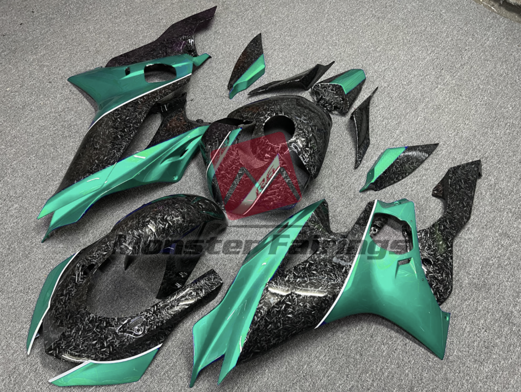 Yamaha R6 custom ABS fairings 2017 - 2022 in Forged Carbon Fiber Style with Teal - durable replacement kit, Monster Fairings