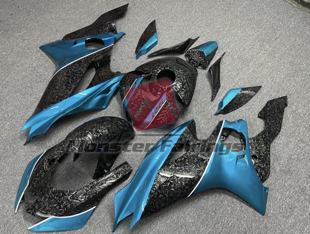 Yamaha R6 custom ABS fairings 2017 - 2022 in Forged Carbon Fiber Style with Light Blue - durable replacement kit, Monster Fairings