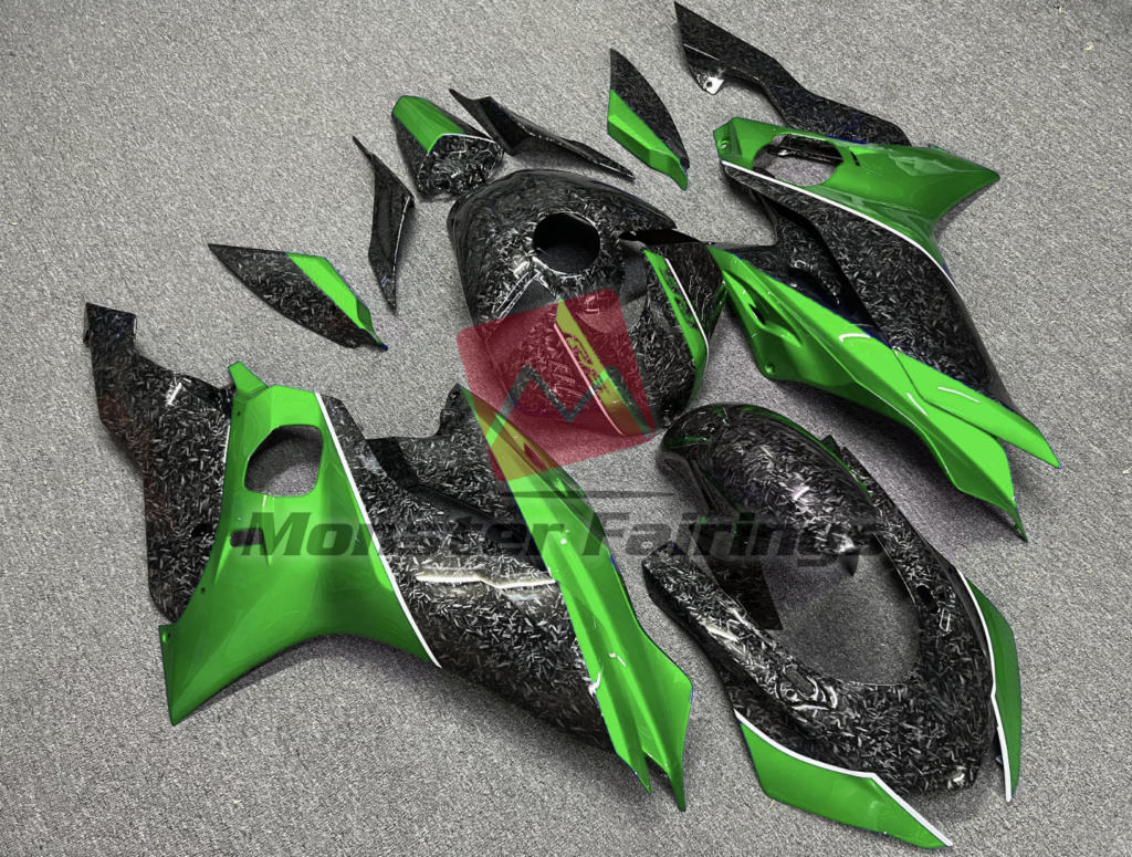 Forged Carbon Fiber Style with Green ABS fairings for Yamaha R6 2017 - 2022 - premium OEM fit kit by Monster Fairings