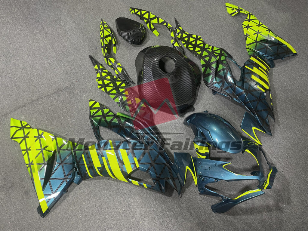 Gloss Carbon Fiber Style with Blue & High Vis Yellow ABS fairings for Kawasaki ZX6R 2019 - 2023 - premium OEM fit kit by Monster Fairings