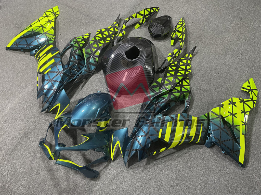 Kawasaki ZX6R custom ABS fairings 2019 - 2023 in Gloss Carbon Fiber Style with Blue & High Vis Yellow - durable replacement kit, Monster Fairings