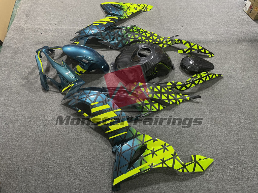 2019 - 2023 Kawasaki ZX6R Gloss Carbon Fiber Style with Blue & High Vis Yellow fairing set - ABS injection, custom painted by Monster Fairings