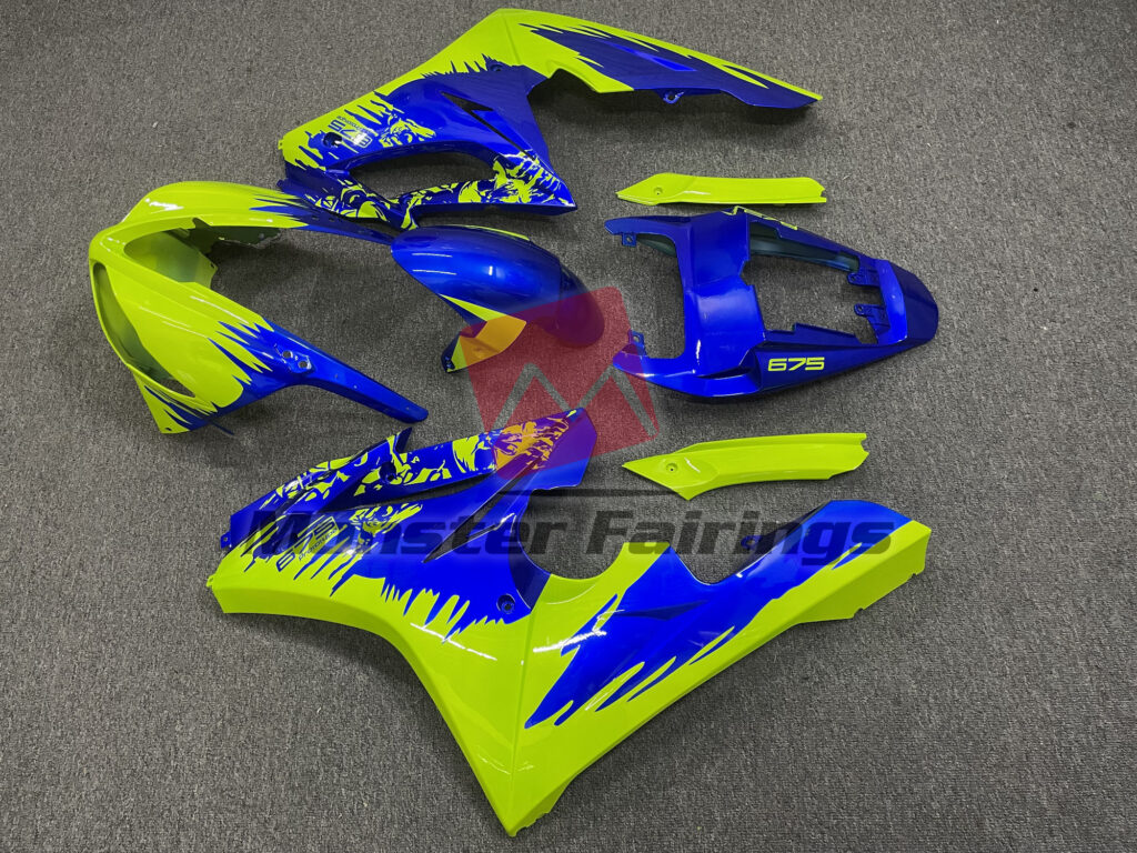2009 - 2012 Triumph Daytona 675 Blue and High Vis Yellow fairing set - ABS injection, custom painted by Monster Fairings