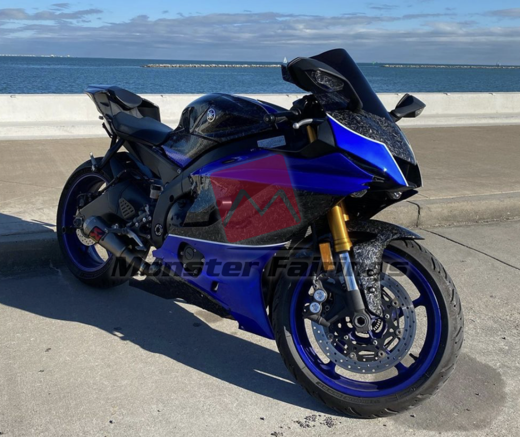 Monster Fairings ABS fairing kit for Yamaha R6 2017 - 2022 - Gloss Forged Carbon Fiber Style with Blue, precise OEM fit