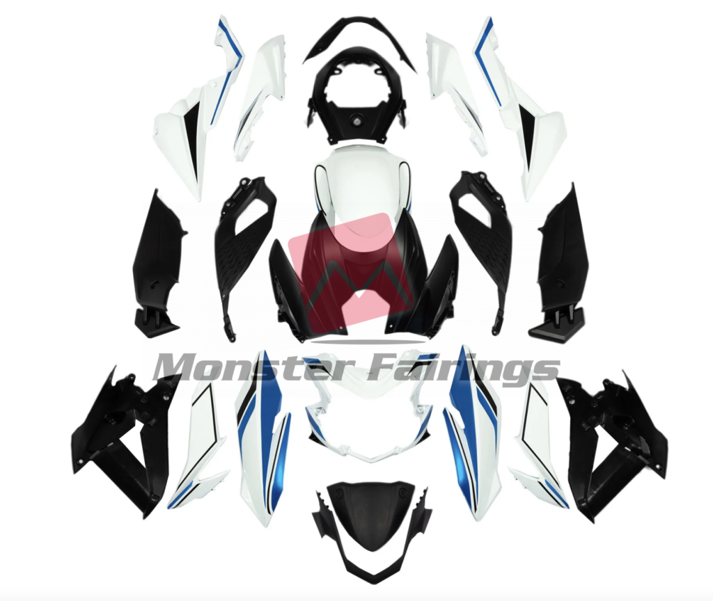 Suzuki GSXS 750 2017 - 2022 Gloss White with Blue Accents ABS fairings - custom motorcycle bodywork kit by Monster Fairings
