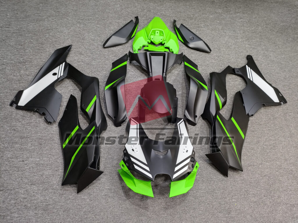 Kawasaki ZX - 10R 2021 - 2025 Matte Black with Green & and White ABS fairings - custom motorcycle bodywork kit by Monster Fairings