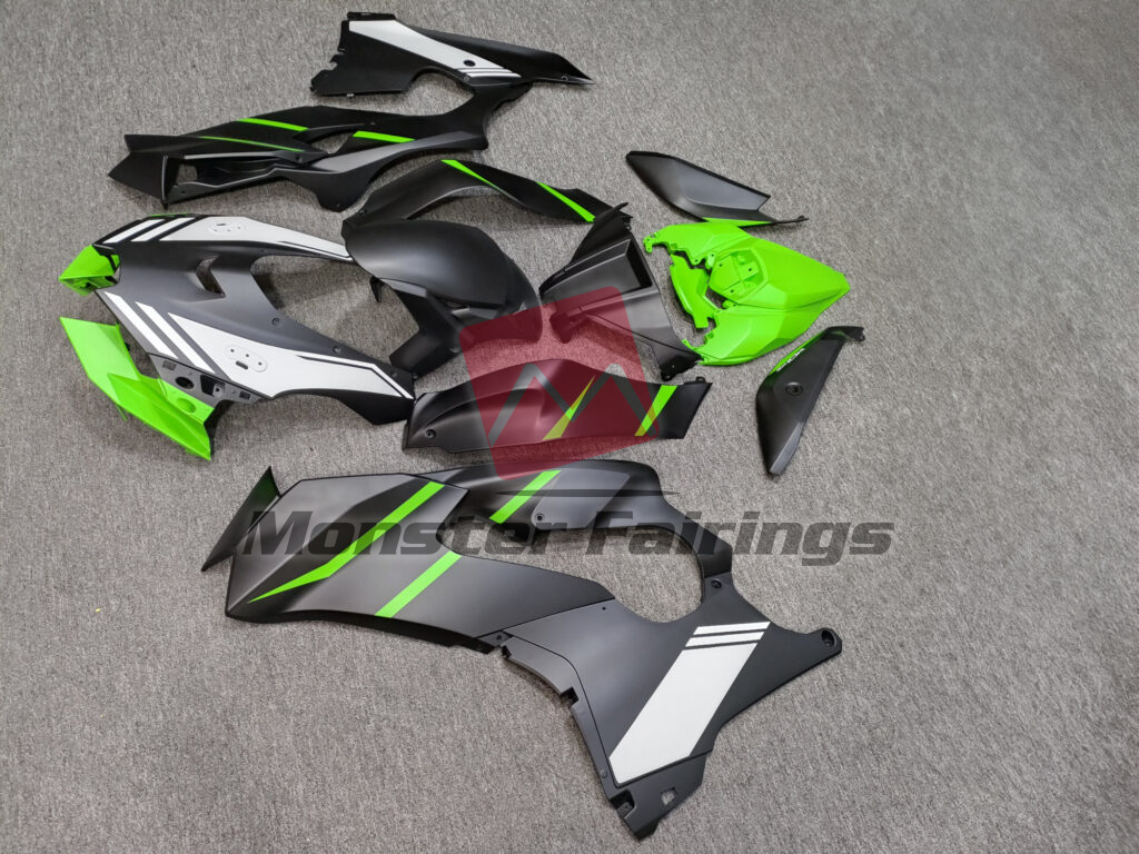 Kawasaki ZX - 10R custom ABS fairings 2021 - 2025 in Matte Black with Green & and White - durable replacement kit, Monster Fairings