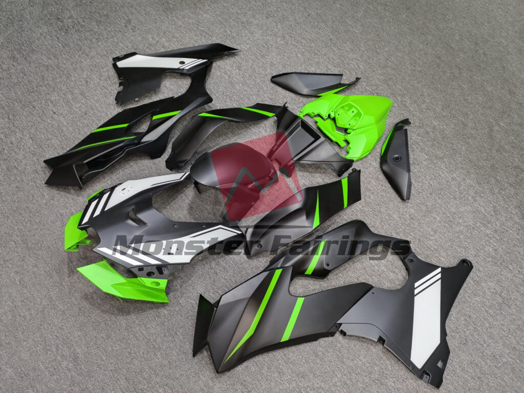 2021 - 2025 Kawasaki ZX - 10R Matte Black with Green & and White fairing set - ABS injection, custom painted by Monster Fairings