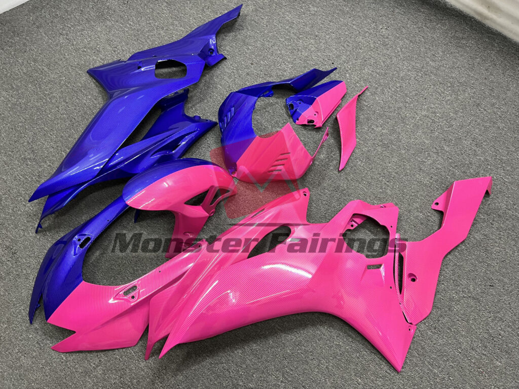 Yamaha R6 custom ABS fairings 2017 - 2022 in Blue and Pink Carbon Fiber Style Split - durable replacement kit, Monster Fairings