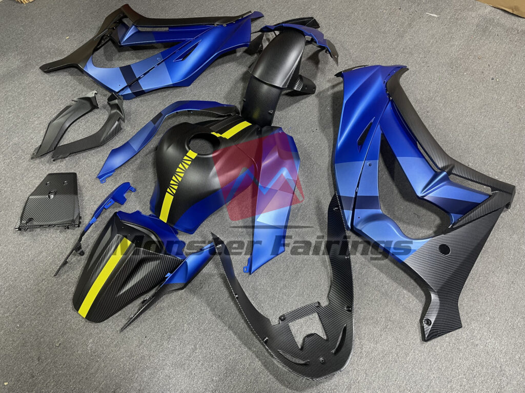 2011 - 2015 Kawasaki ZX - 10R Matte Blue & Carbon Fiber Style with Yellow fairing set - ABS injection, custom painted by Monster Fairings