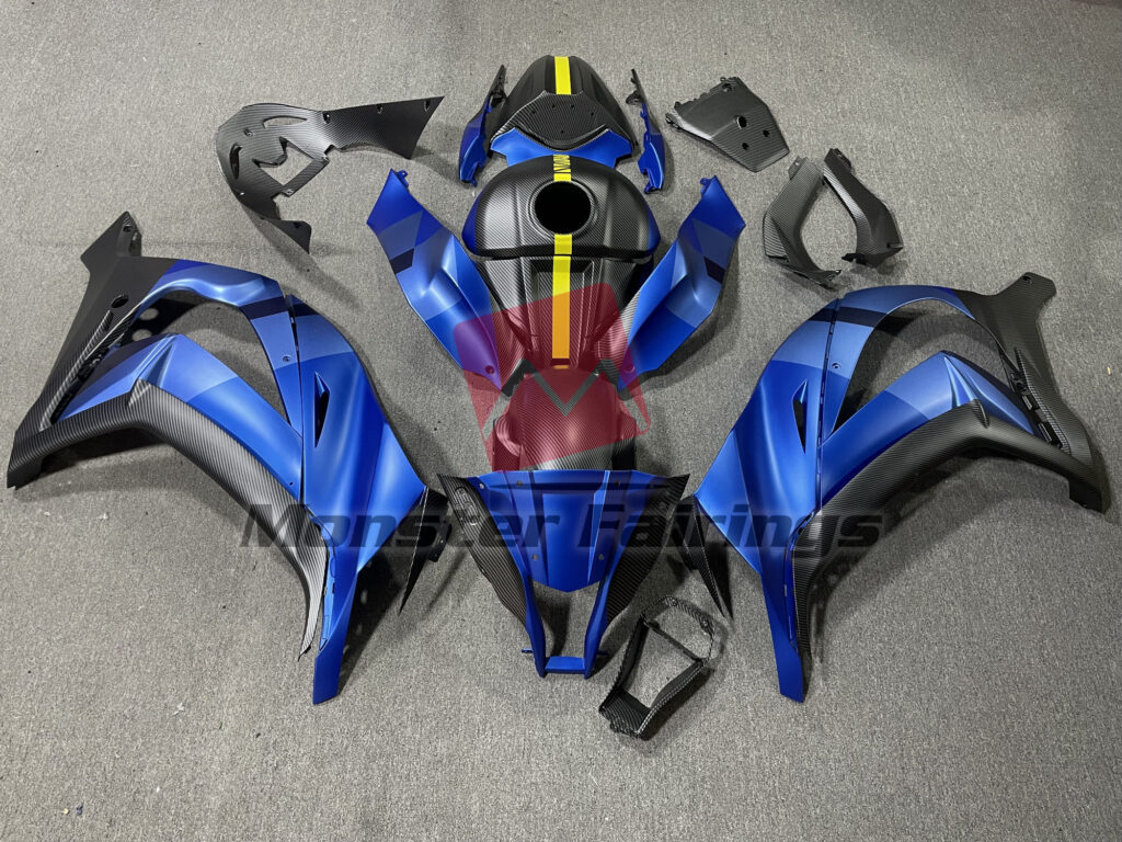 Kawasaki ZX - 10R 2011 - 2015 Matte Blue & Carbon Fiber Style with Yellow ABS fairings - custom motorcycle bodywork kit by Monster Fairings