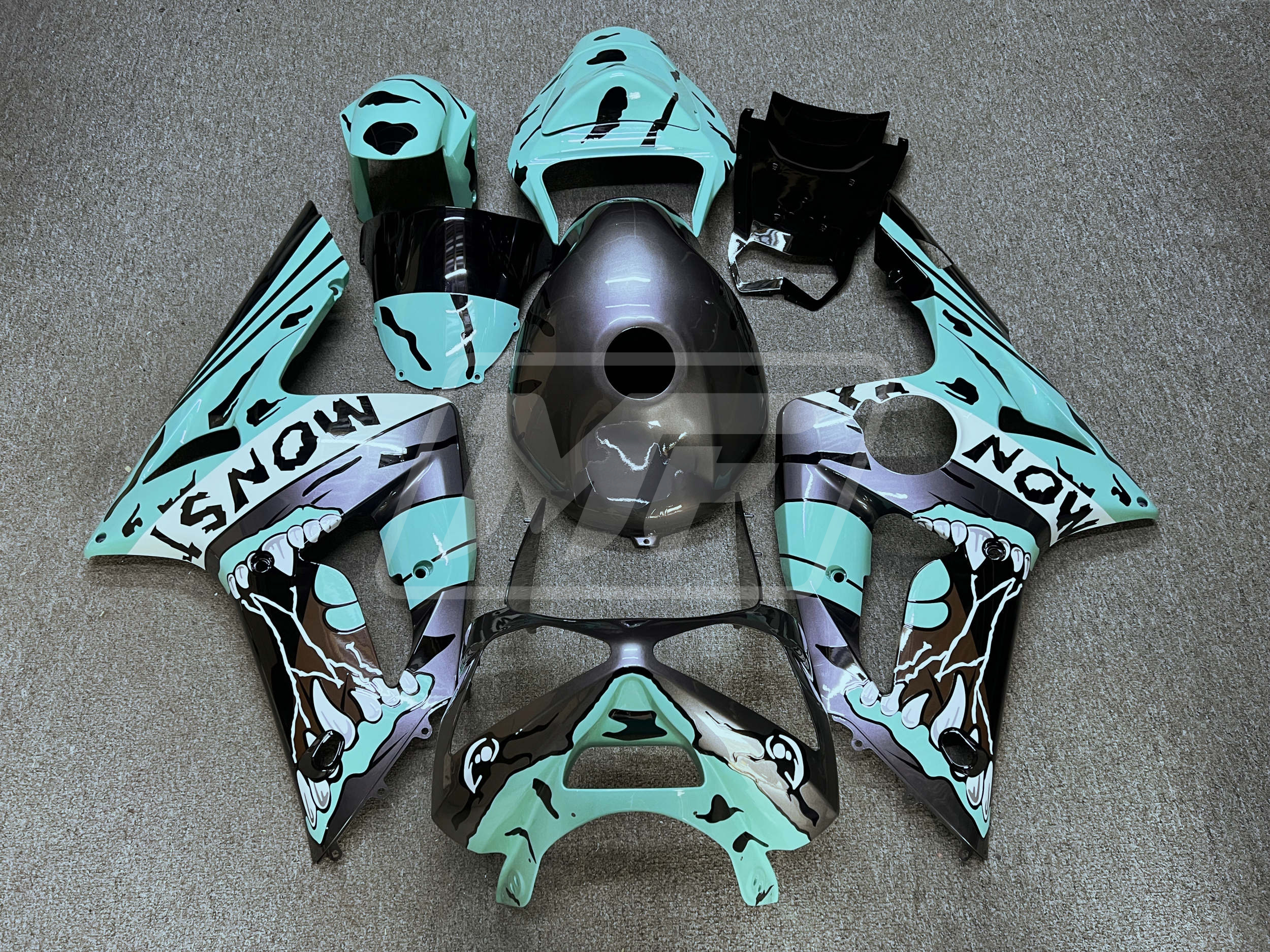 マスゲンルアー Kawasaki ZX6R 2003-2004 Gloss Gray & Teal Monster ABS Fairings