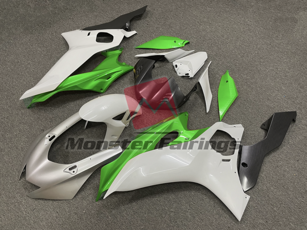 Yamaha R6 custom ABS fairings 2017 - 2022 in Silver White and Green - durable replacement kit, Monster Fairings