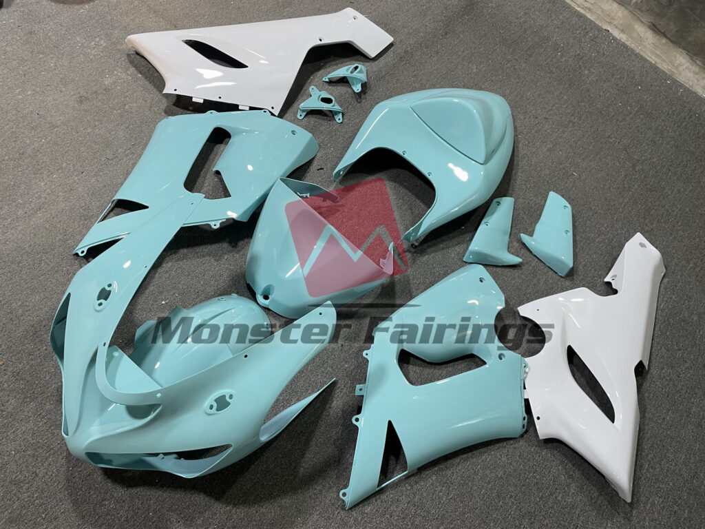 Kawasaki ZX6R custom ABS fairings 2005 - 2006 in Aqua and White - durable replacement kit, Monster Fairings
