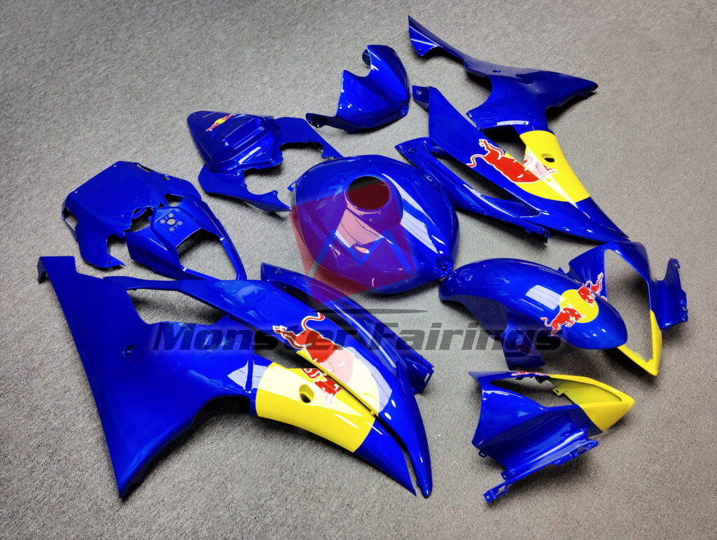 Yamaha R6 custom ABS fairings 2008 - 2016 in Gloss Blue & Yellow with Red Bull - durable replacement kit, Monster Fairings