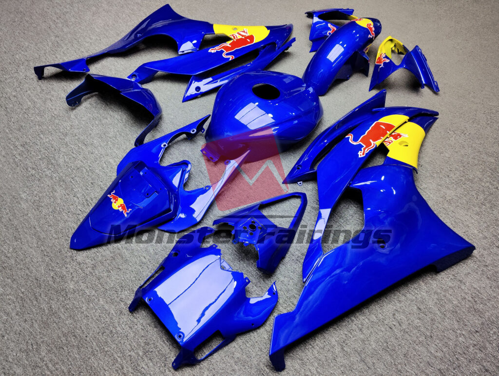 2008 - 2016 Yamaha R6 Gloss Blue & Yellow with Red Bull fairing set - ABS injection, custom painted by Monster Fairings