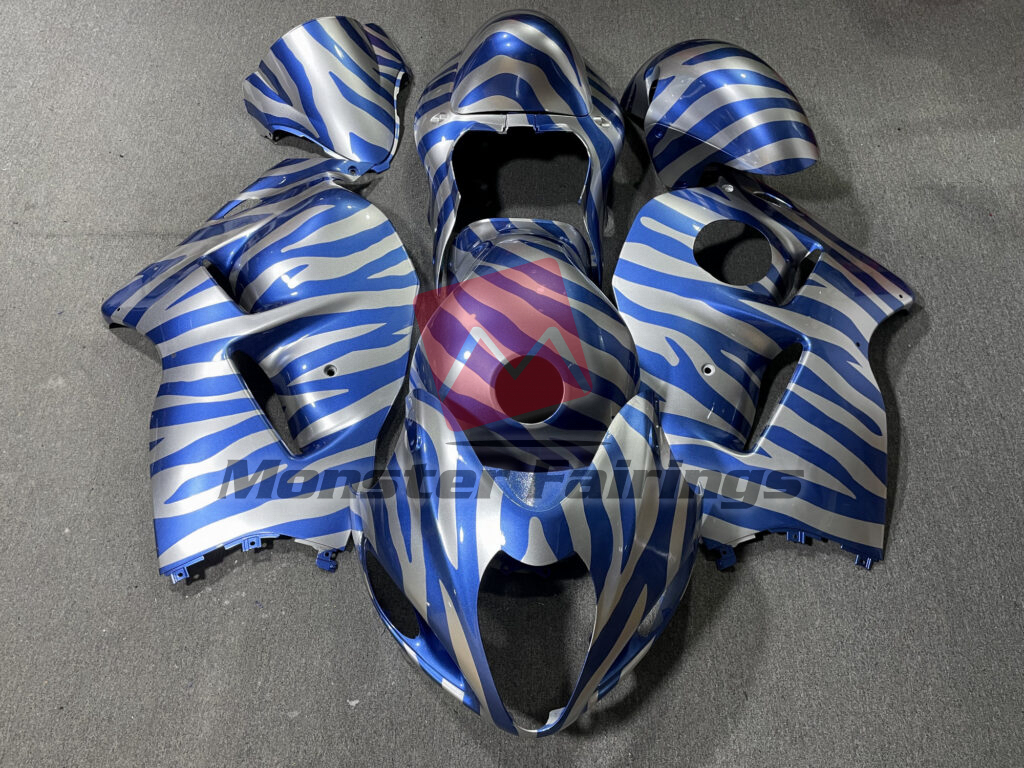 Suzuki GSXR 1300 1997 - 2007 Gloss Blue & Silver Zebra ABS fairings - custom motorcycle bodywork kit by Monster Fairings