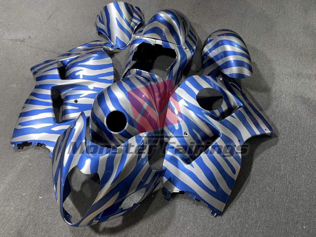 Suzuki GSXR 1300 custom ABS fairings 1997 - 2007 in Gloss Blue & Silver Zebra - durable replacement kit, Monster Fairings