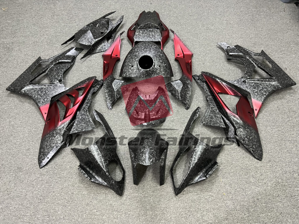 BMW S1000RR 2009 - 2014 Matte Forged Carbon Fiber Style & Red ABS fairings - custom motorcycle bodywork kit by Monster Fairings