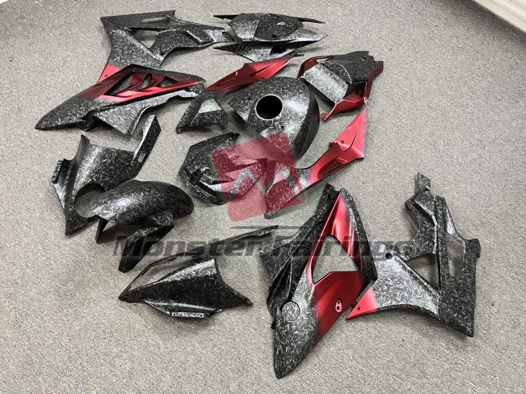 BMW S1000RR custom ABS fairings 2009 - 2014 in Matte Forged Carbon Fiber Style & Red - durable replacement kit, Monster Fairings