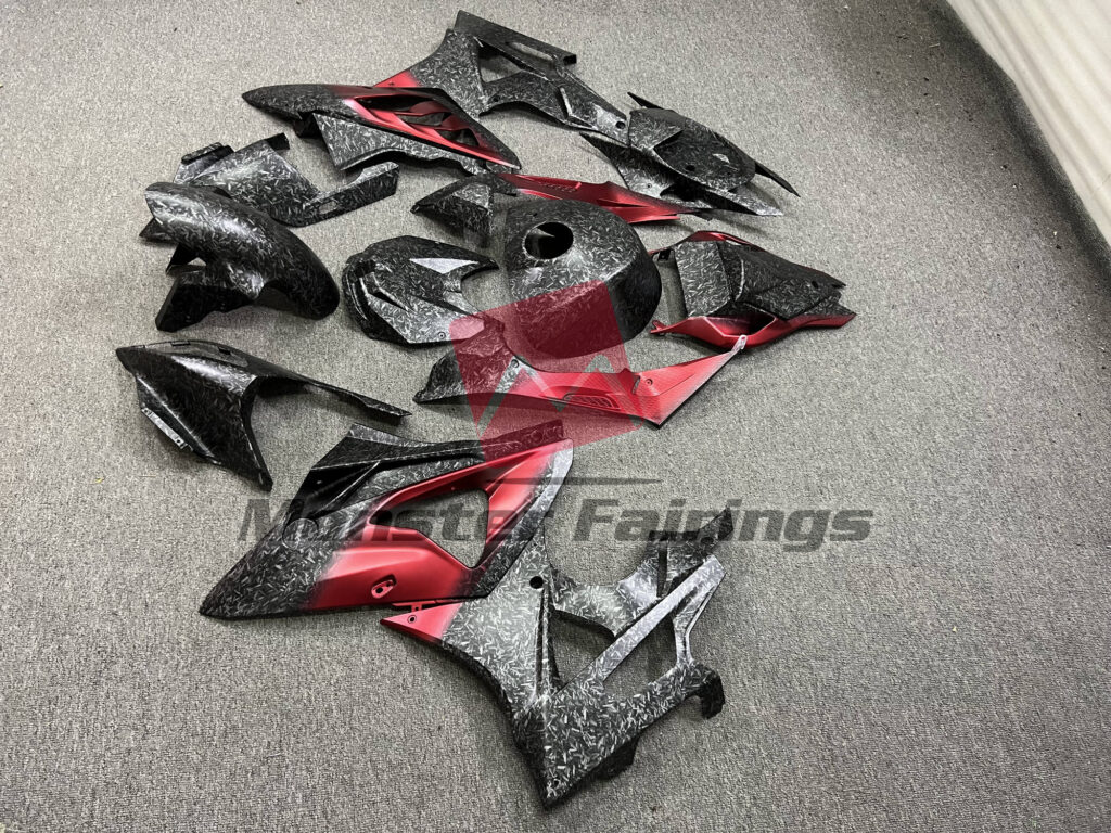2009 - 2014 BMW S1000RR Matte Forged Carbon Fiber Style & Red fairing set - ABS injection, custom painted by Monster Fairings