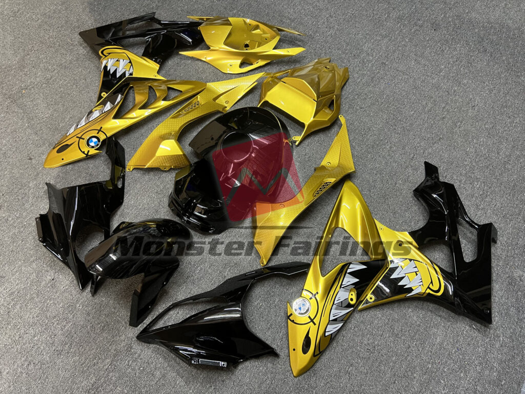 BMW S1000RR custom ABS fairings 2009 - 2014 in Gloss Black & Gold Shark - durable replacement kit, Monster Fairings