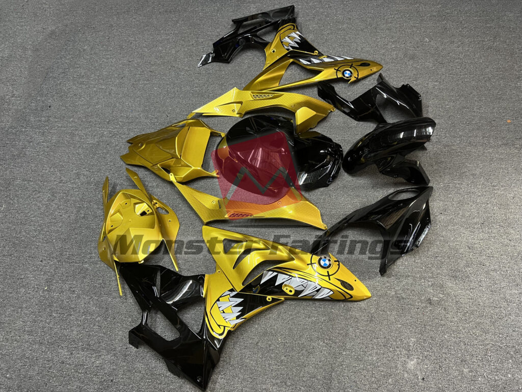 2009 - 2014 BMW S1000RR Gloss Black & Gold Shark fairing set - ABS injection, custom painted by Monster Fairings