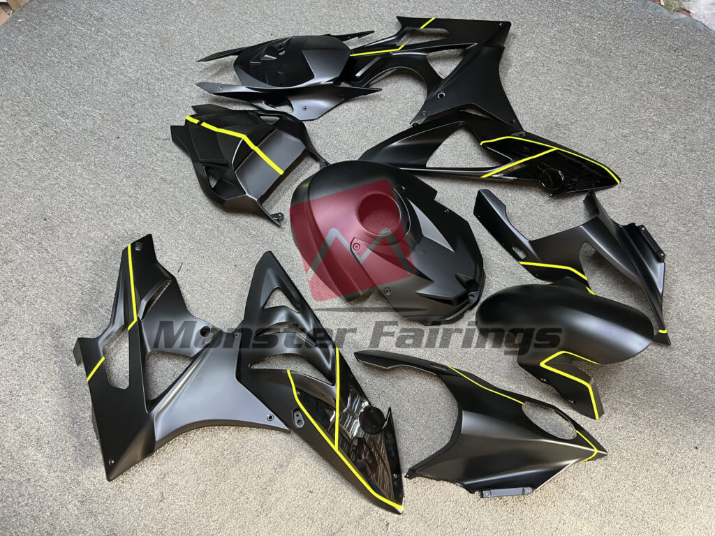 BMW S1000RR custom ABS fairings 2009 - 2014 in Matte & Gloss Black with Yellow - durable replacement kit, Monster Fairings