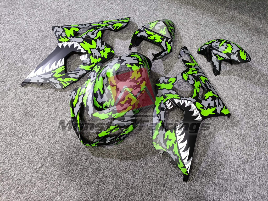 2004 - 2005 Suzuki GSXR 600 - 750 Green Camo Shark fairing set - ABS injection, custom painted by Monster Fairings