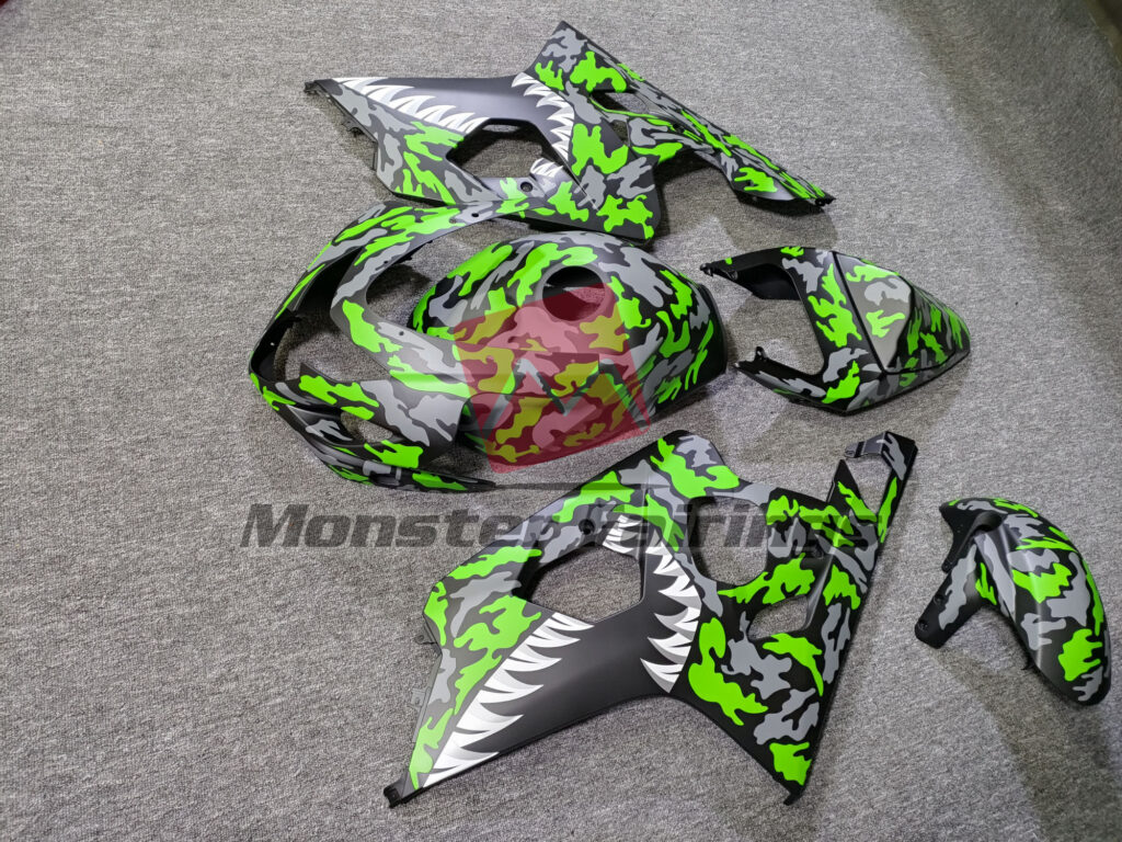 Suzuki GSXR 600 - 750 custom ABS fairings 2004 - 2005 in Green Camo Shark - durable replacement kit, Monster Fairings