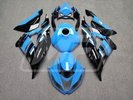 Kawasaki ZX6R 2013-2018 Gloss Black with Sky Blue & White ABS Fairings | Monster Fairings