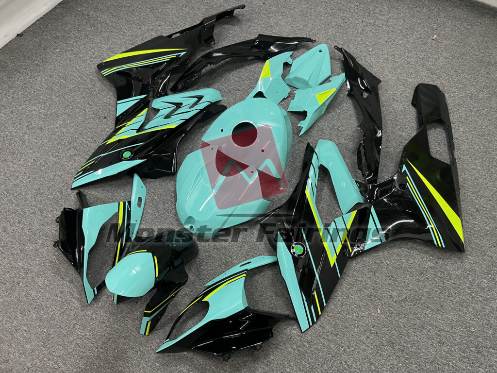 2015 - 2016 BMW S1000RR Gloss Aqua & Black High Vis Yellow fairing set - ABS injection, custom painted by Monster Fairings