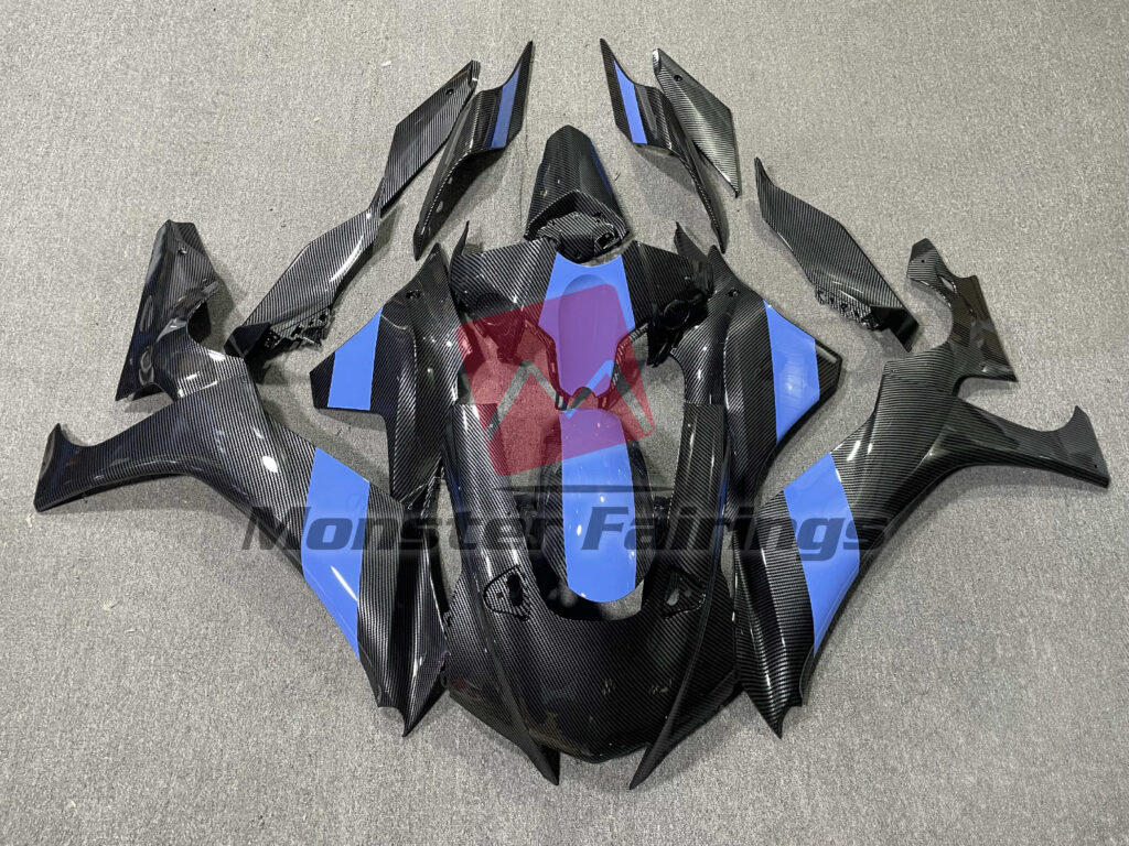 Yamaha R1 2020 - 2025 Gloss Carbon Fiber Style with Blue ABS fairings - custom motorcycle bodywork kit by Monster Fairings