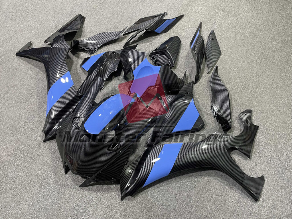 Yamaha R1 custom ABS fairings 2020 - 2025 in Gloss Carbon Fiber Style with Blue - durable replacement kit, Monster Fairings