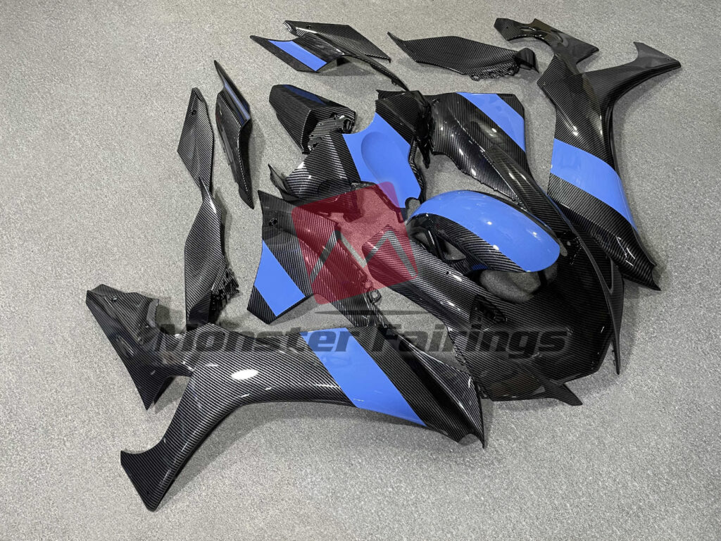 Gloss Carbon Fiber Style with Blue ABS fairings for Yamaha R1 2020 - 2025 - premium OEM fit kit by Monster Fairings