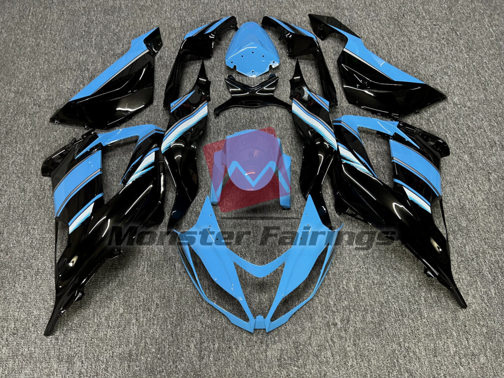 Kawasaki ZX6R 2013 - 2018 Gloss Black with Sky Blue & White ABS fairings - custom motorcycle bodywork kit by Monster Fairings