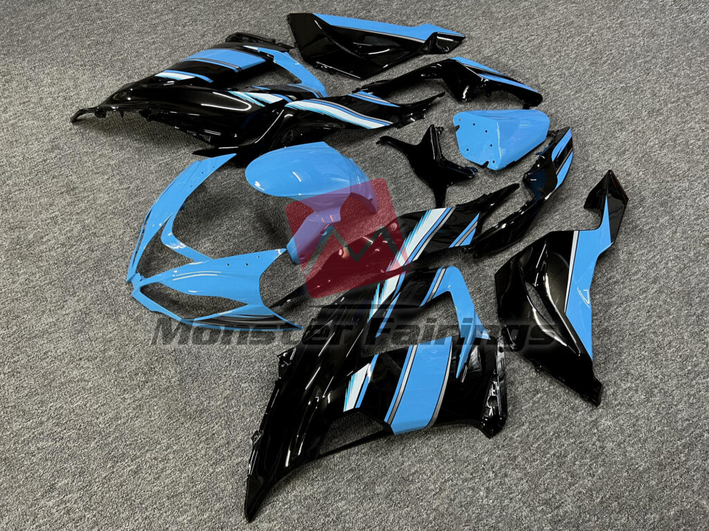 Gloss Black with Sky Blue & White ABS fairings for Kawasaki ZX6R 2013 - 2018 - premium OEM fit kit by Monster Fairings